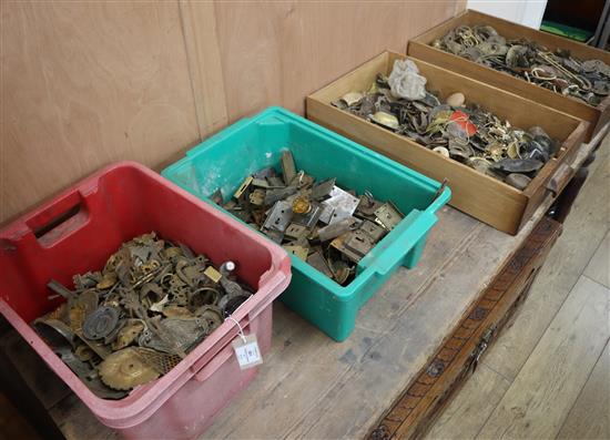 Four boxes of brass, metal etc, locks and handles